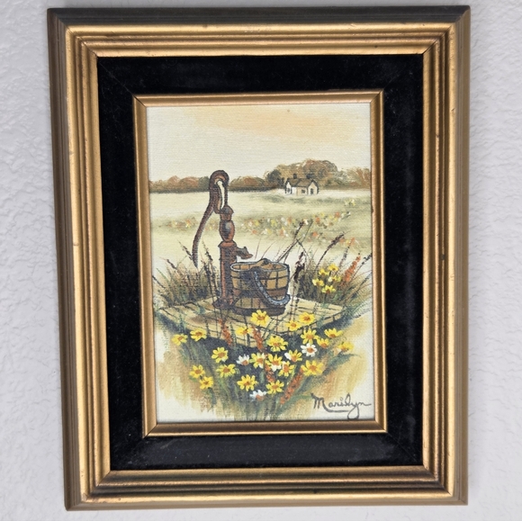 Vintage Other - VTG Landscape Oil Painting Countryside Water Well Yellow Daisies Framed Marilyn